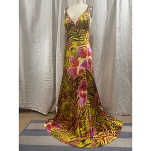 Niki Livas Beaded Animal Pink Floral Print Gown V Neck Strappy Maxi Dress 10